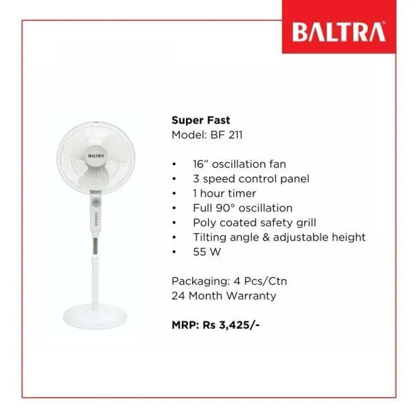 BALTRA Super Fast Stand Fan: 16\" Oscillation with Timer , Safe Design and Cool