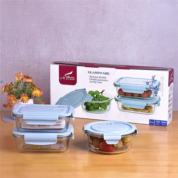3pcs Glassware Rectangle And Circle Glass Food Storage Container With Air Vent Lid