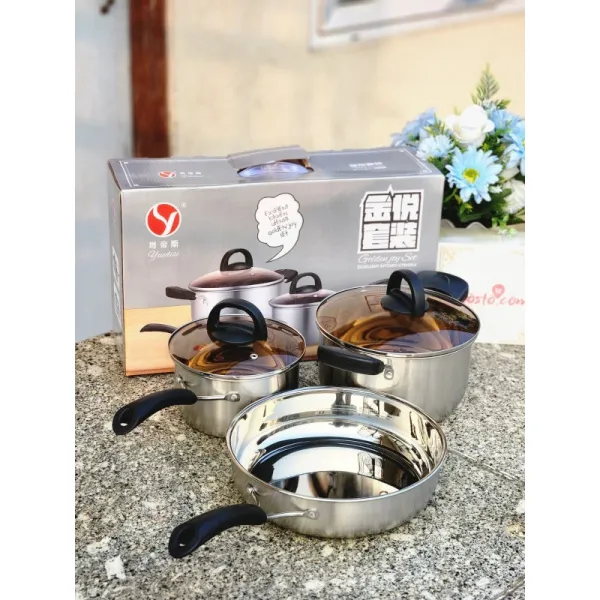 Stainless Steel Pot Wok Pan Three-Piece Pot Set Cooker Home Non-Stick Pan Flat Bottom Easy to Clean Pot