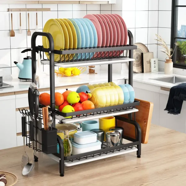 3 Layer Stainless Steel Kitchen Dish Drying Rack Organizer Shelf With Cutlery Stand