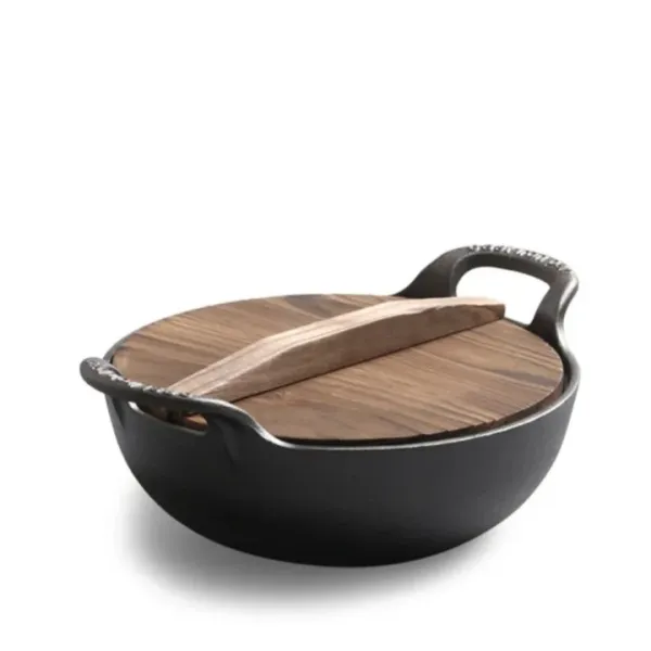 Traditional & Durable: Cast Iron Kadai with Wooden Lid 27cm