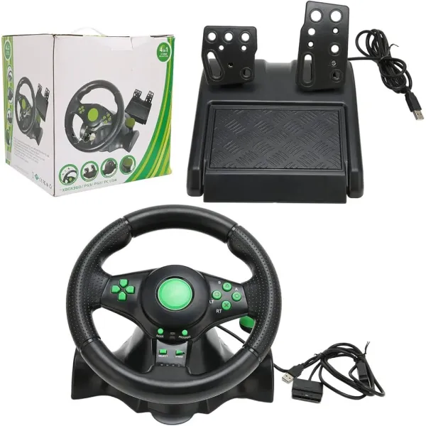 Gaming Steering Wheel with Pedals 180 Degree Rotation Vibration USB PC Steering Wheel for X-Box 360/PS3/PS2/PC