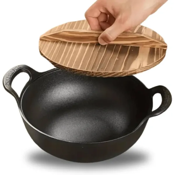 Traditional & Durable: Cast Iron Kadai with Wooden Lid 25cm