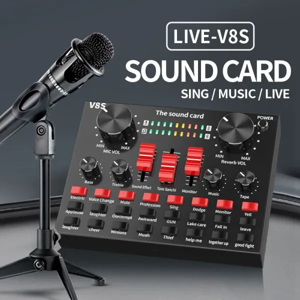 V8S External Sound Card USB Audio Interface - Portable Mixer for Microphone & Live Streaming