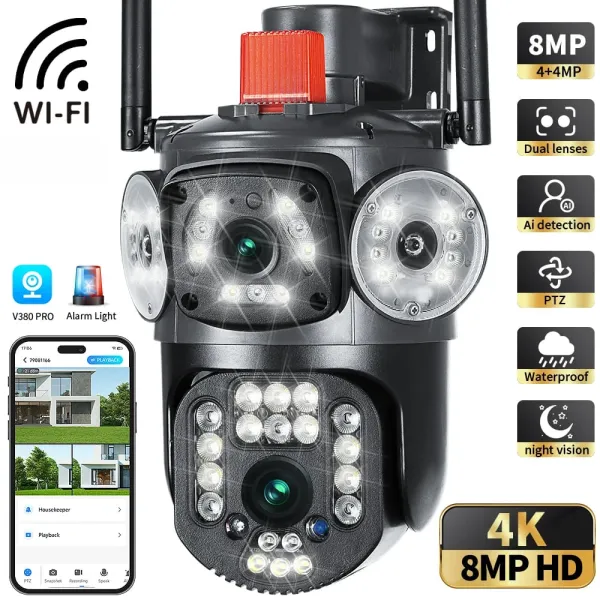 V380 Pro 4 Mp WIFI Outdoor IP Camera Three Lens Screen Outdoor PTZ Home Security