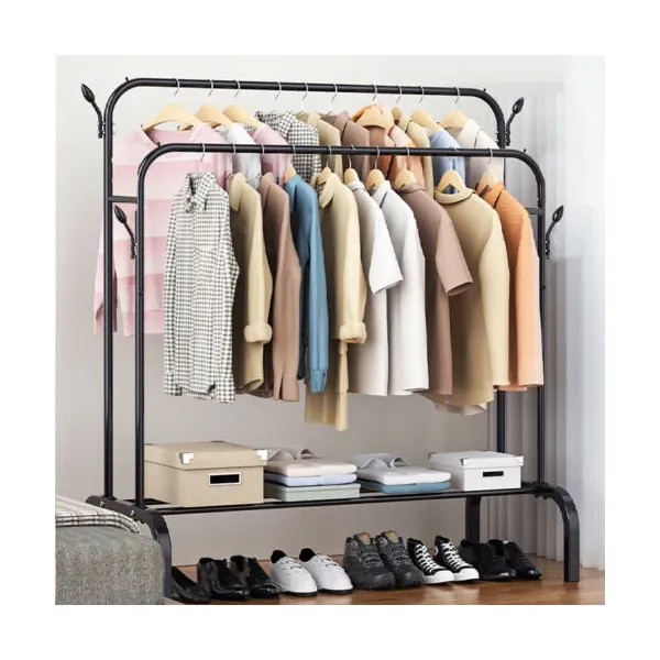 Double Railing and Shelves Heavy Duty Full Body Iron Coat Rack With Hooks/ Double Pole Clothe Hanger Stand With Shoe Rack