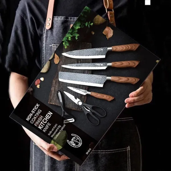 Carbon Steel Kitchen Knives Set 6 PCS Chef\'s Knife Slicing Knife Butcher Knives Forged with Scissors and Ceramic Peeler