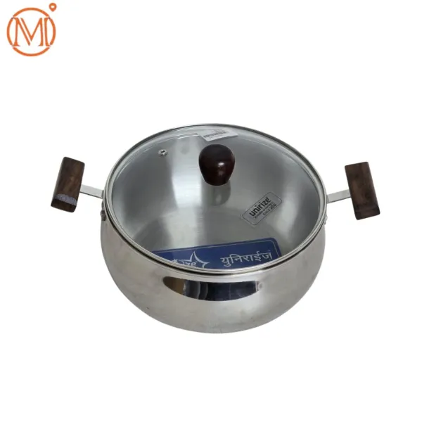 Unirize Stainless Steel Kadai / Cooking Pot with Wooden Handles & Glass Lid - Durable Cookware for Versatile Cooking