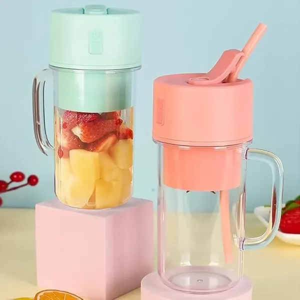 2-in-1 Mini Portable Juicer Blender - USB Rechargeable with 6 Blades, Handle & Straw (500 ML) for On-the-Go Freshness