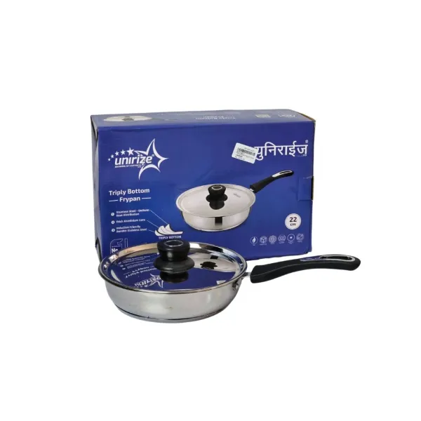 UNIRIZE 22cm Triply Bottom Frypan - Induction Compatible Stainless Steel Cookware with Heat-Resistant Handle (Made in India)