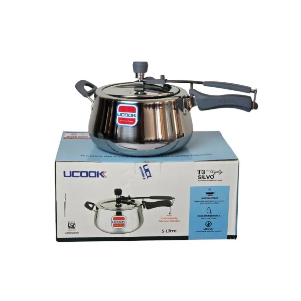 UCOOK T3-Silvo Triply 5-Liter Pressure Cooker - Stainless Steel & Induction Friendly