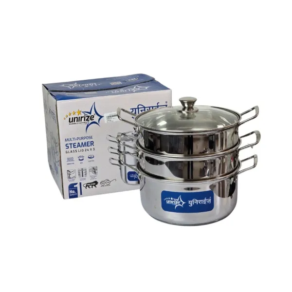 UNIRIZE Multi-Purpose 3-Tier Stainless Steel Steamer with Glass Lid (24cm)
