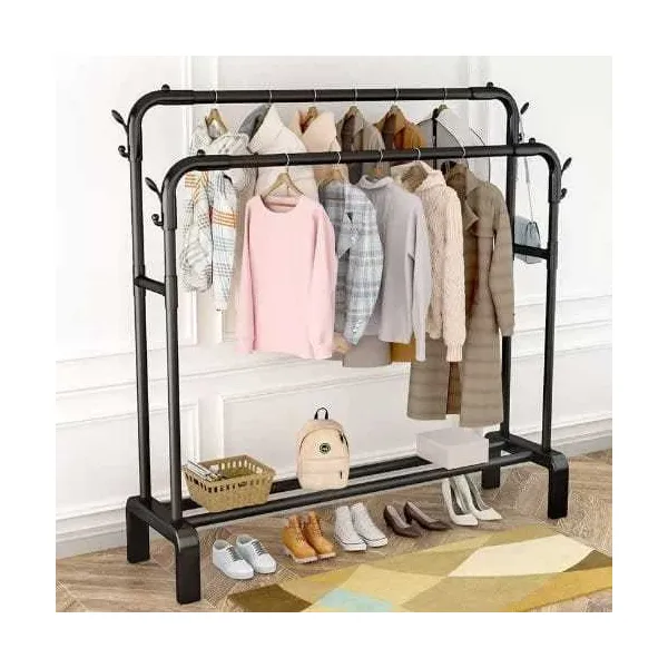 Double Railing and Shelves Heavy Duty Full Body Iron Coat Rack With Hooks/ Double Pole Clothe Hanger Stand With Shoe Rack