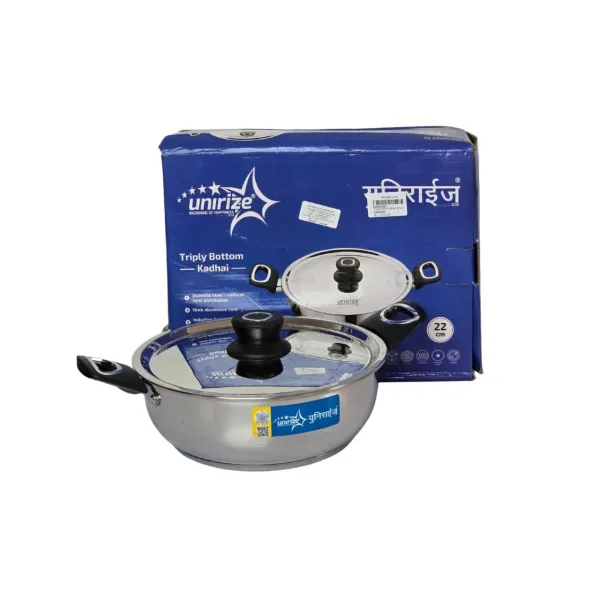 UNIRIZE 22cm Triply Bottom Kadhai with Stainless Steel Lid - Induction Friendly & Uniform Heating Work