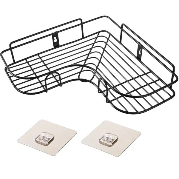 Durable Metal Self-Adhesive Corner Shelf - No Drilling Kitchen & Bathroom Storage Organizer in Black