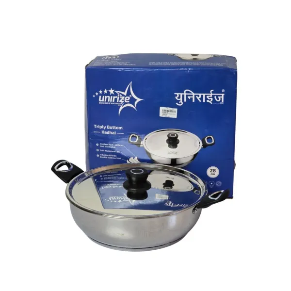 UNIRIZE 28cm Triply Bottom Kadhai with Stainless Steel Lid - Induction Friendly & Uniform Heating Wok