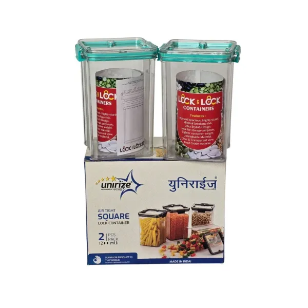 UNIRIZE Air Tight Square Lock Containers - 2-Piece Set (1200ml Each) for Food Storage