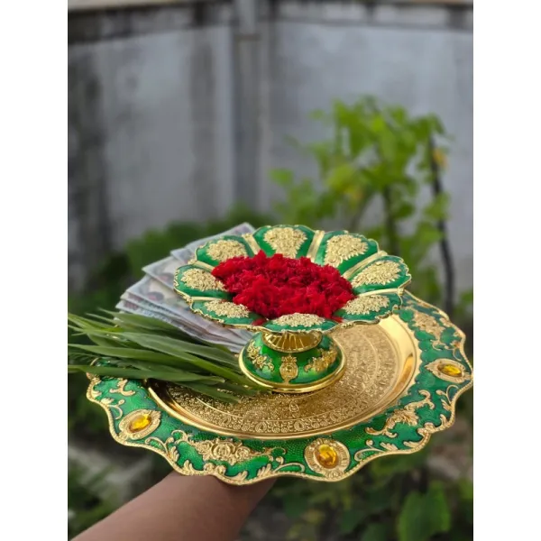 Traditional Silver-Coated Tika Thali Set for Dashain & Tihar - Puja Plate