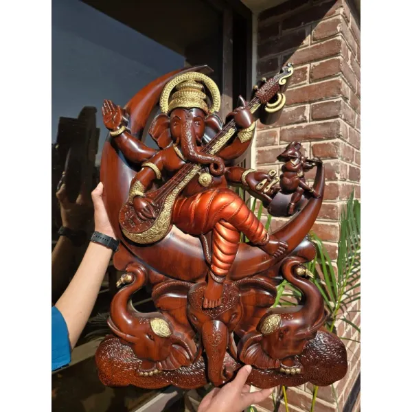 Hand-Carved Wooden Ganesha Statue Playing Veena