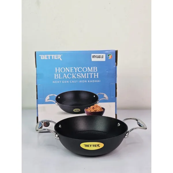Better Honeycomb Blacksmith Cast Iron Kadhai (22cm) with Glass Lid | Lightweight, Rust-Proof, & Induction Friendly