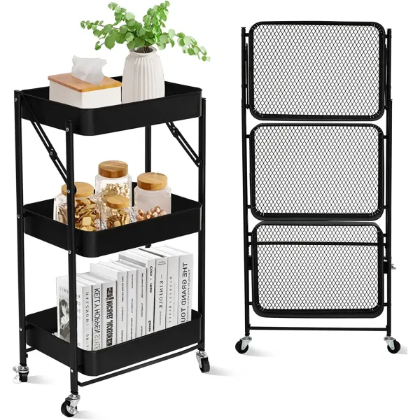 SKY-TOUCH 3-Tier Foldable Metal Rolling Utility Cart Organizer