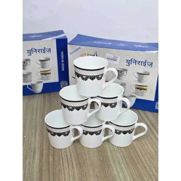 Unirize Exclusive Bone China/Ceramic Tea & Coffee Mug Set (Set of 6, White with Black & Silver Design)