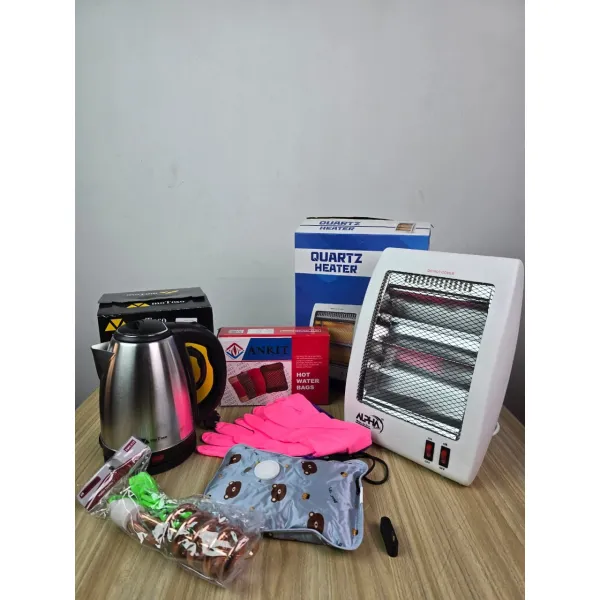 5-in-1 Winter Essential Combo: Quartz Heater, Electric Kettle, Immersion Rod, Hot Water Bag, and Gloves