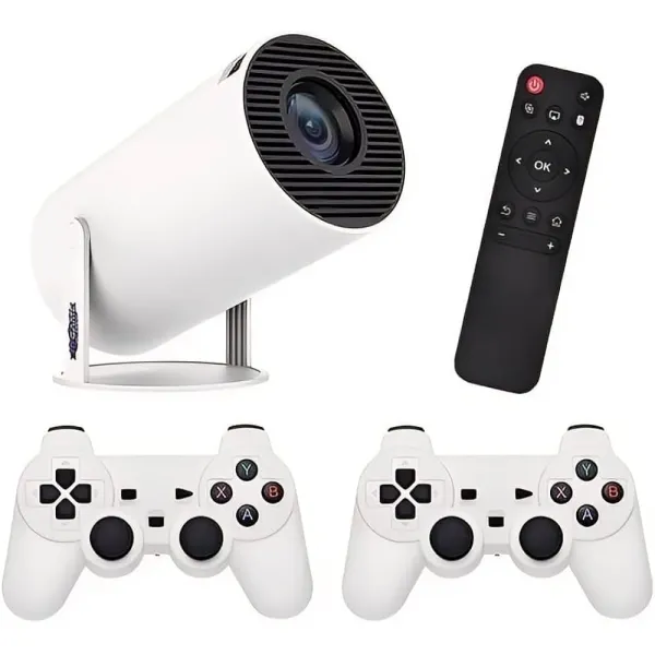 Portable Smart Mini Projector HY300 with Dual Wireless Game Controllers – 180° Rotating Home Theater System