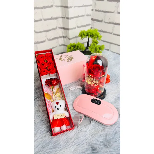 Valentine’s Day Gift Set – Roses, Teddy, LED Dome & Heating Pad 