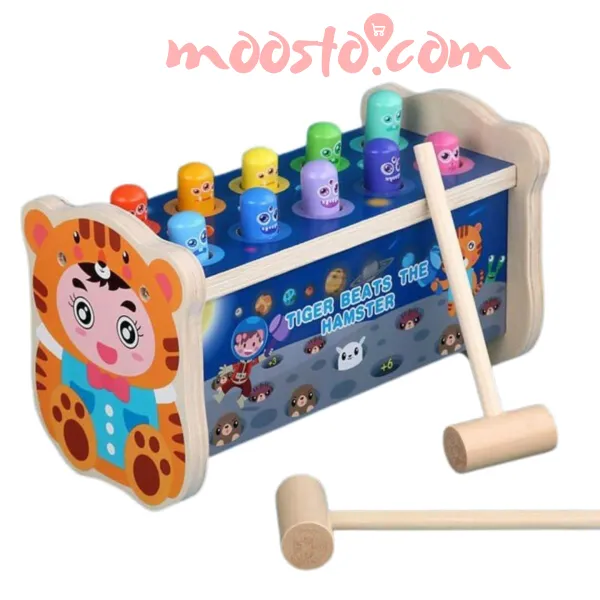 MontyMaestro - Wooden Tiger Beats The Hamster Toy Activity Toy for Kids_ Montessori Toy Hammering Toy Pounding Bench Hammer Toy Tiger Beats The Hamster Set 10 Pegs 2 Hammers (Hamster Bench)