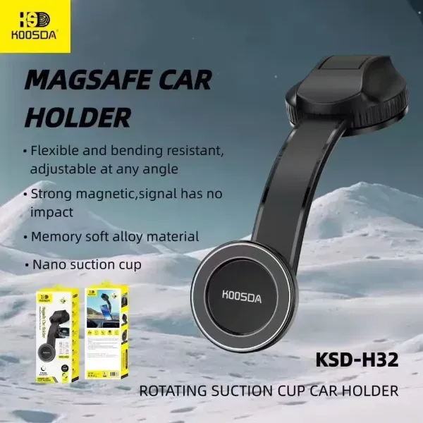 KOOSDA KSD-H32 MagSafe Car Holder | Rotating Suction Cup Dashboard Magnetic Phone Mount | Strong Memory Soft Alloy