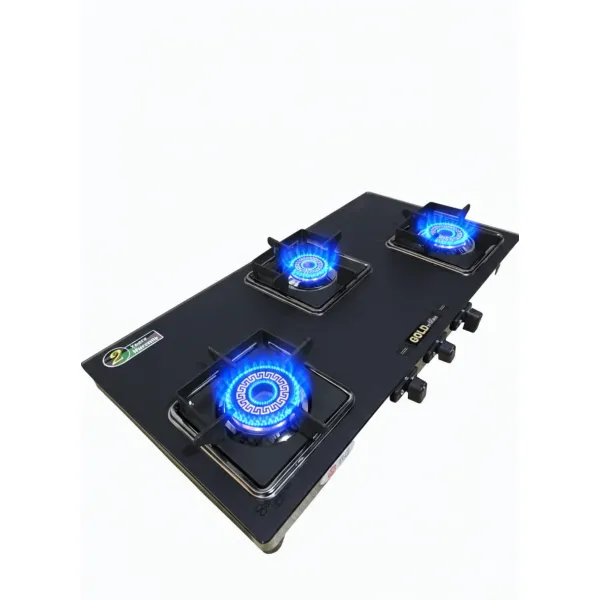 RG Carbon Gold Edition | 3-Burner Toughened Glass Gas Stove | Auto-Ignition | 2-Year Warranty