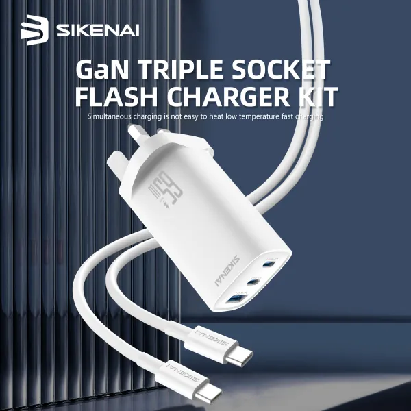 SIKENAI GRN-7 – 65W GaN Fast Charger with Triple Ports (2x USB-C + 1x USB-A)