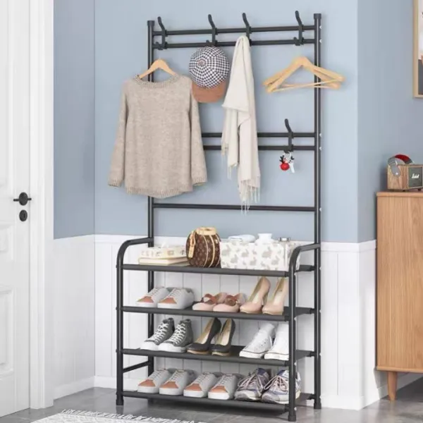 2-in-1 Coat & Shoe Rack – 4 Layer Clothes and Shoe Organizer (Black/White)