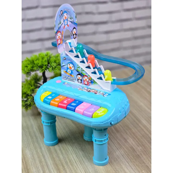 Kids 2-in-1 Musical Piano and Penguin Slide Toy – Motorized Climbing Track Table