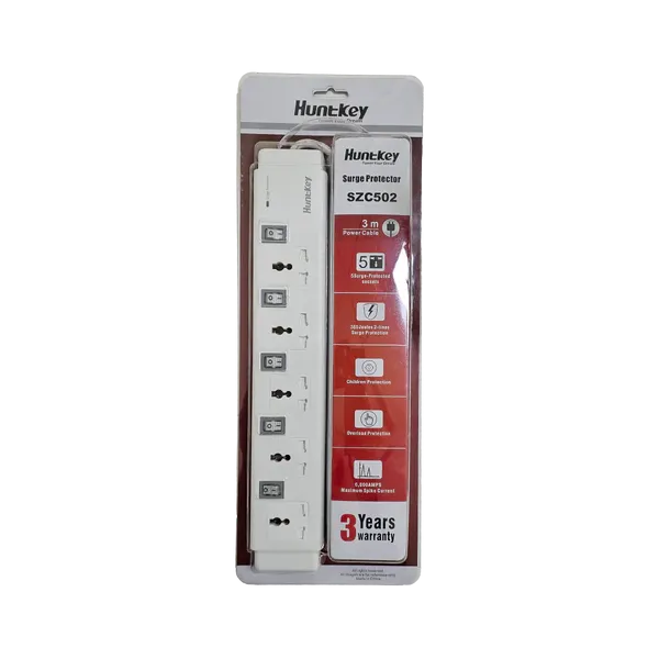 Huntkey PZC504-3 Surge Protector Power Strip - 5 Sockets with Individual Switches, 2m Cable