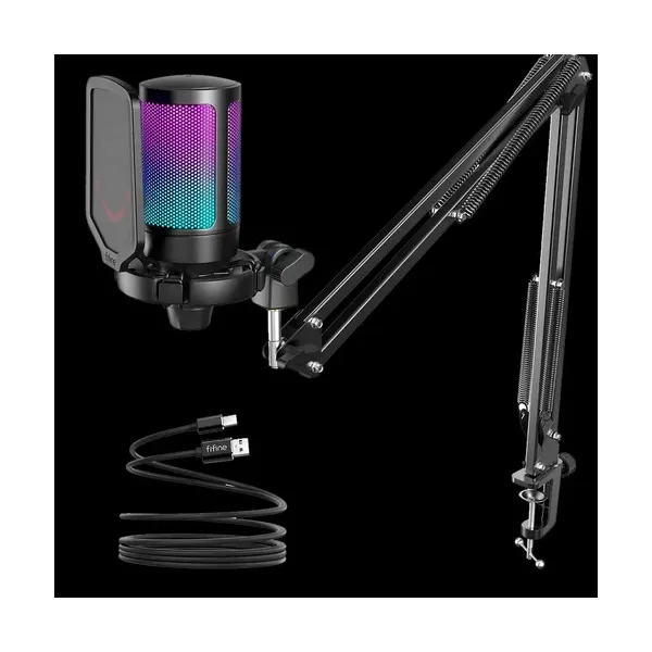 FIFINE AmpliGame A6T USB Gaming Microphone Kit – RGB Condenser Mic with Boom Arm, Shock Mount & Pop Filter for PC/PS5