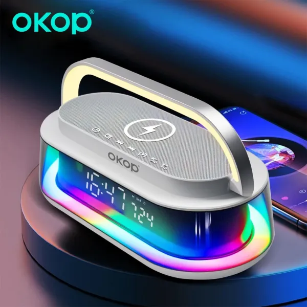 OKOP 4-in-1 Bluetooth Speaker with 15W Wireless Charging Pad & Smart RGB Alarm Clock – 10W Stereo Sound, Bluetooth 5.3 & LED Digital Display