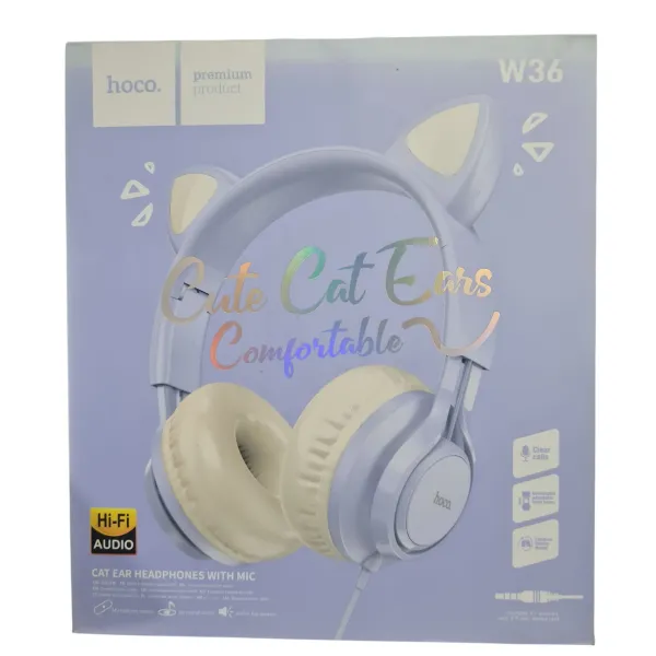Hoco W36 Cat Ear Wired Headphones with Built-in Microphone – Cute LED Personalized Design, Hi-Fi Stereo Audio & Comfortable Fit for Kids, Teens & Online Learning
