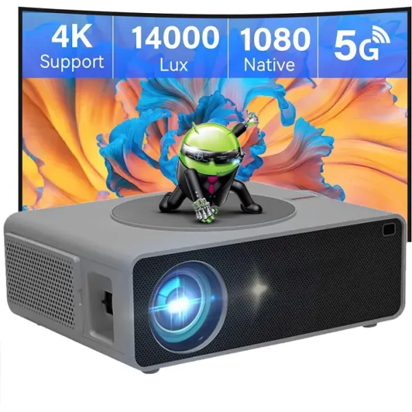 AUN AKEY7 MAX Pro 1080p Native Resolution Projector, 4K Supported, 6000lumens, Android 9, 5G WiFi, Bluetooth, Built-in Netflix, HDMI, USB, 300" Display