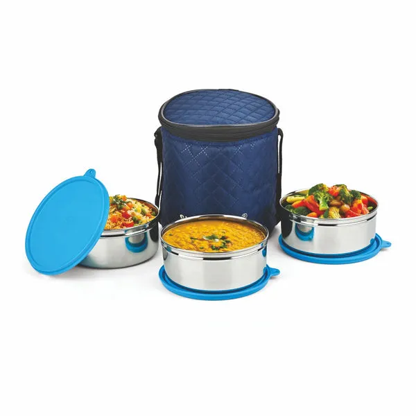 Big 35108-Signora Tiffin Box Stainless Steel Lunch Set with Insulated Carry Bag, Multiple Container Sizes, Durable Blue Lids, Portable Design for Office, School, and Travel Use