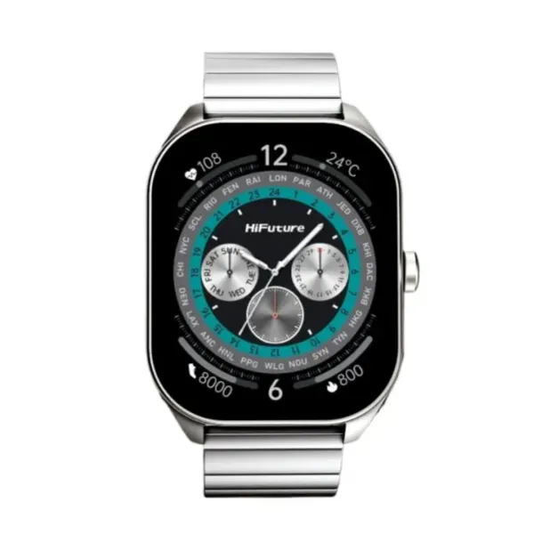 HiFuture Apex Stainless Steel Smartwatch | 2.04" AMOLED Always-On Display | 1000 Nits Brightness, Bluetooth Calling, 7-Day Battery, IP68 Waterproof, 24/7 Heart Rate & SpO2 Monitoring, 100+ Watch Faces | Silver/Black