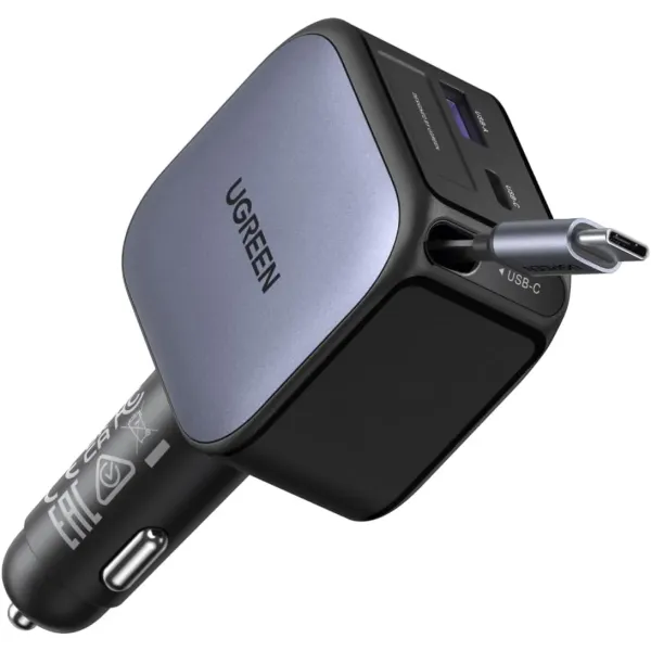 UGREEN 60W 2C1A Car Charger with Retractable Cable | 3‑Port Fast Charging | 70cm Built‑in USB‑C