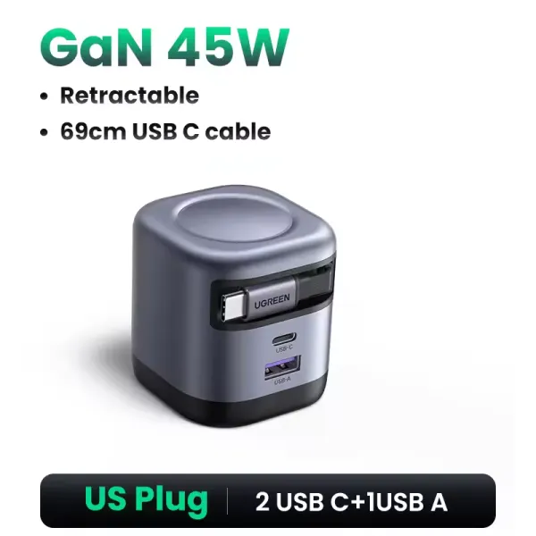 UGREEN Nexode 45W Charger with Retractable USB‑C Cable | Compact Fast Charging | Travel‑Friendly