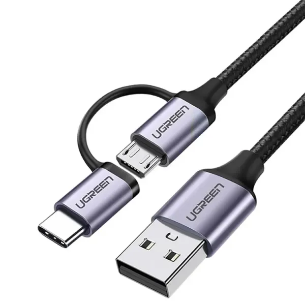 UGREEN 1m 2 in 1 USB Cable 3A Fast Charging Cord USB2.0 to Micro USB + Type-C Data Cable Aluminum High-Speed Data Sync Transfer