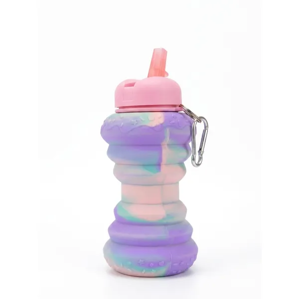 Collapsible Silicone Water Bottle for Kids – 520–600ml Foldable Leak-Proof Donut Design BPA-Free Travel Bottle with Carabiner Clip & Straw