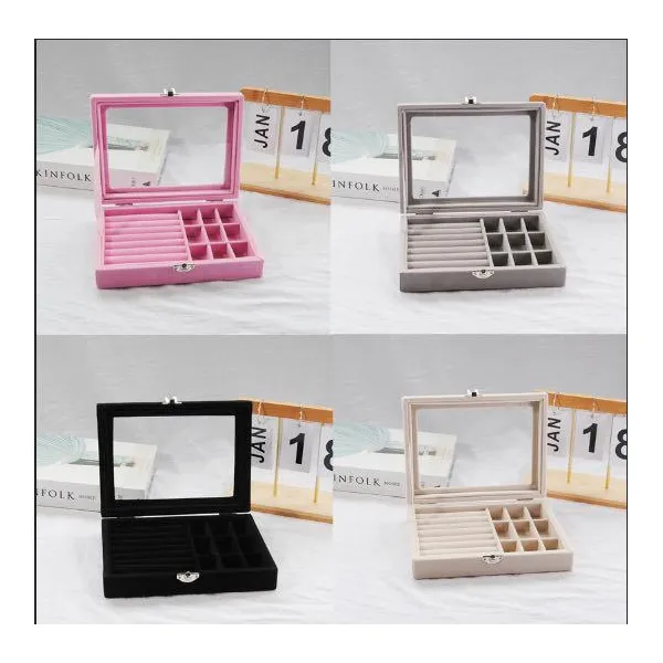 Velvet Jewelry Organizer Box with Clear Lid & Lock – Ring Holder & 9-Grid Storage Case