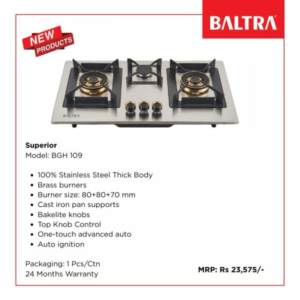 Baltra Superior BGH 109 Built-in Gas Hob – 3 Brass Burners, Auto Ignition, Stainless Steel Body