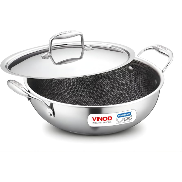 Vinod SAS Pro 22cm Triply Stainless Steel Kadai – HexaShield Non-Stick, Induction & Gas Compatible, 1.8L
