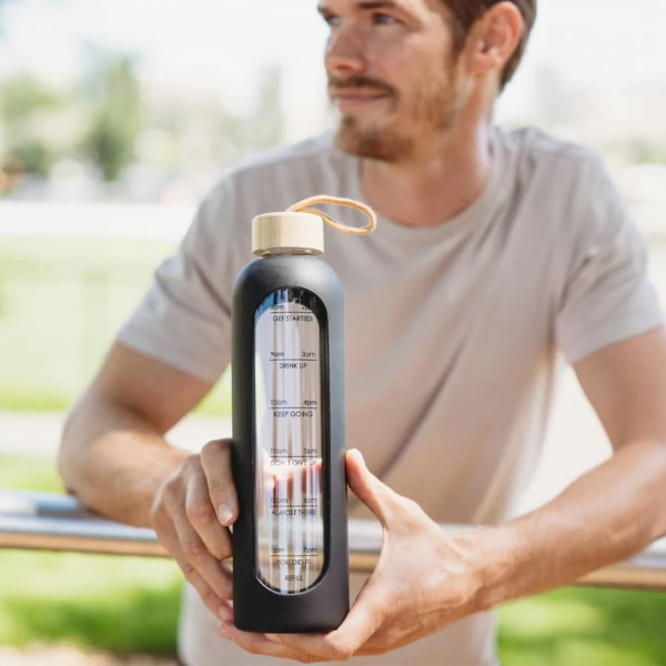 Flare 1 Litre Borosilicate Glass Water Bottle – Stylish & Motivational Hydration Bottle